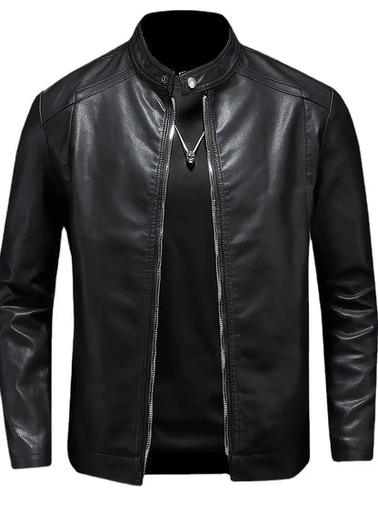 Men's Retro PU Biker Jacket Zip-Up Stand Collar Faux Leather Casual Outerwear for Spring Fall