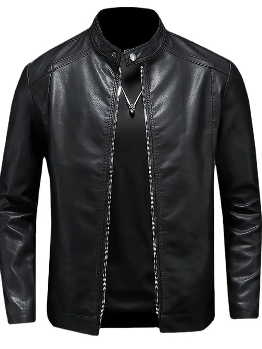Men's Retro PU Biker Jacket Zip-Up Stand Collar Faux Leather Casual Outerwear for Spring Fall