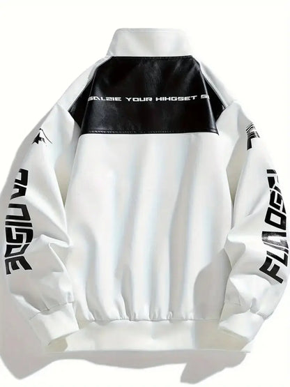 Men's Zip-Up Motorcycle Jacket with Color Block Design Stand Collar Multiple Pockets Casual Winter Outerwear White