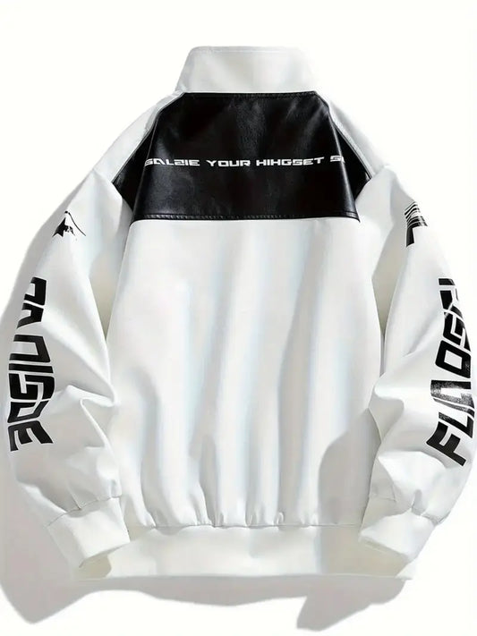 Men's Zip-Up Motorcycle Jacket with Color Block Design Stand Collar Multiple Pockets Casual Winter Outerwear White
