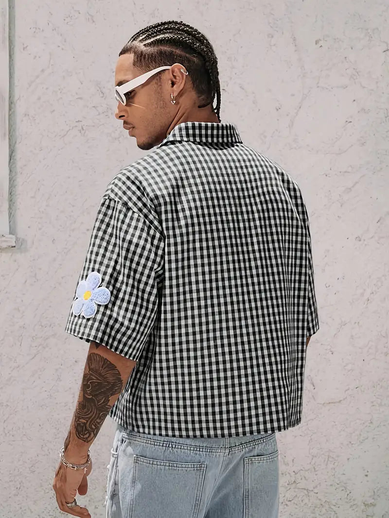 Men's White Gingham Shirt with Floral Embroidery Short Sleeve Button-Up Lightweight Summer Streetwear