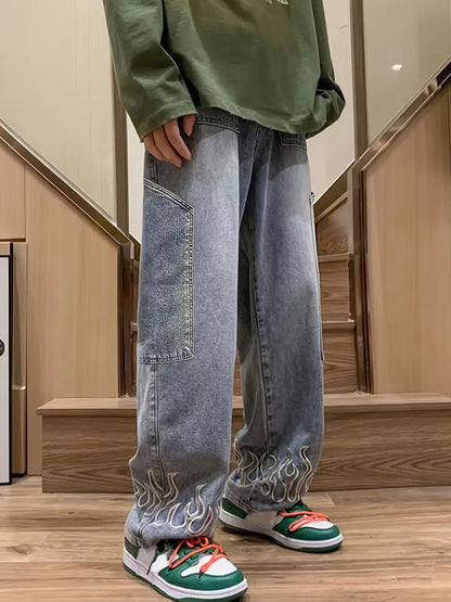 Men’s Flame Embroidery Jeans – Loose Fit Black Denim with Zipper Fly & Streetwear Stitching