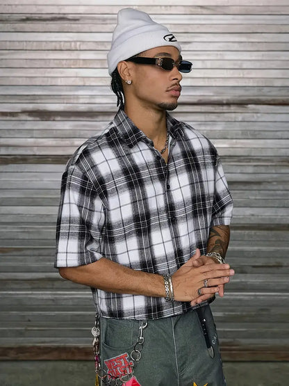 Men's Casual Short Sleeve Striped Print Shirt Loose Fit Button-Up Plaid and Solid Color Splice Design