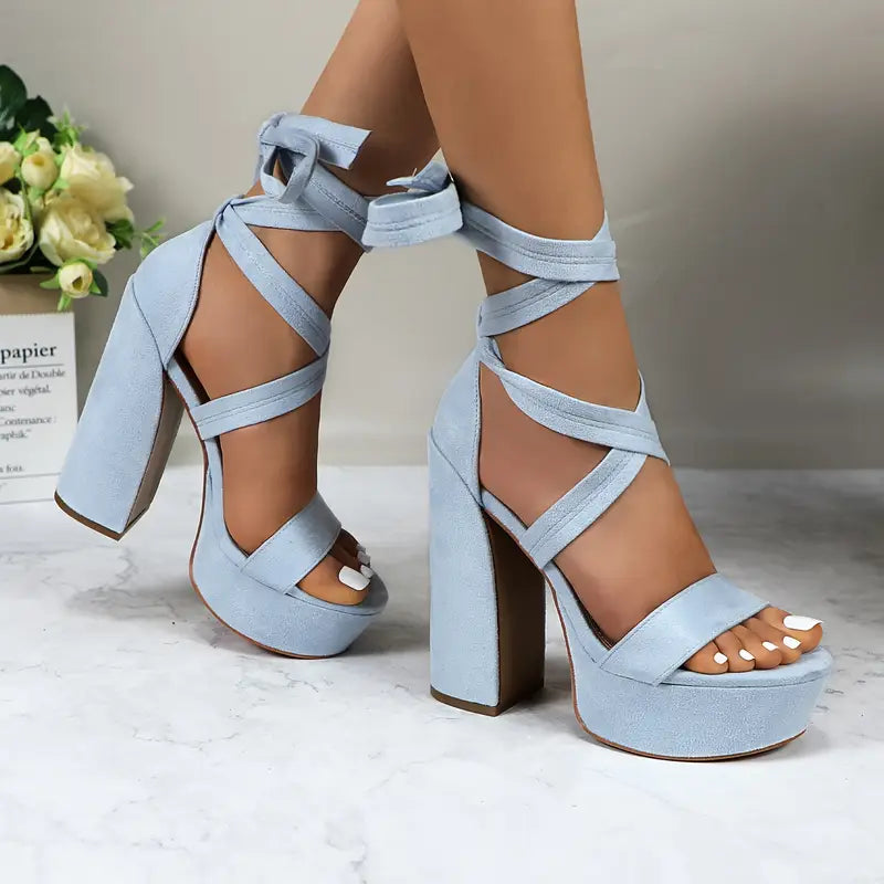 GLAZE Women’s Chunky Block Heel Sandals – Adjustable Lace-Up Crisscross Straps, Thick Platform Design with PU Synthetic Cover for Weddings, Parties & Summer Events