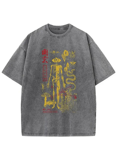 Men's Washed Skull Print T-Shirt 230g Cotton Loose Fit Round Neck Short Sleeve Retro Streetwear Tee