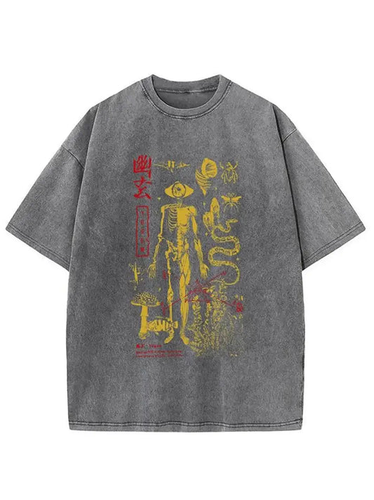 Men's Washed Skull Print T-Shirt 230g Cotton Loose Fit Round Neck Short Sleeve Retro Streetwear Tee