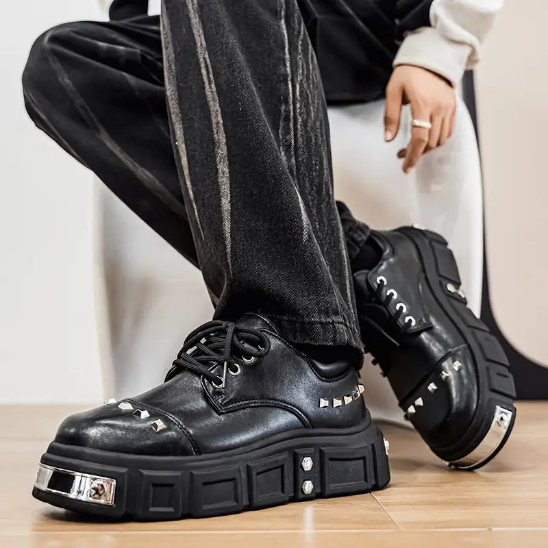 Unisex British Style Chunky Platform Derby Shoes – Rivet Accent, Casual & Semi-Formal