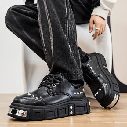 Unisex British Style Chunky Platform Derby Shoes – Rivet Accent, Casual & Semi-Formal
