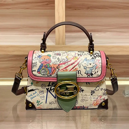 Women's Genuine Leather Graffiti Bear Crossbody Bag Cute Small Square Handbag with Graffiti Lettering Golden-Tone Hardware Nylon Lining Zipper Closure Green