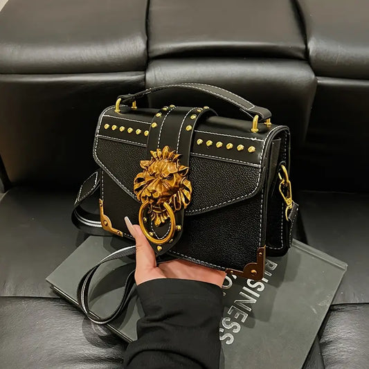 Women’s Elegant Small Square Shoulder Bag – Lion Head Hardware, Zipper Closure, Red/Black PU Handbag for Everyday & Formal Use
