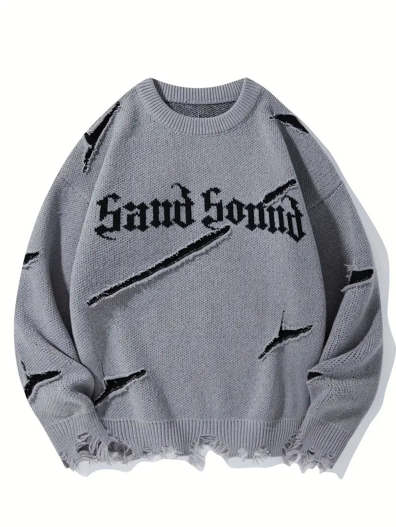 Men's Distressed Knit Sweater – Casual Pullover, Ripped Detail, Loose Fit Streetwear for Fall/Winter Grey