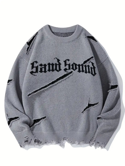 Men's Distressed Knit Sweater – Casual Pullover, Ripped Detail, Loose Fit Streetwear for Fall/Winter Grey