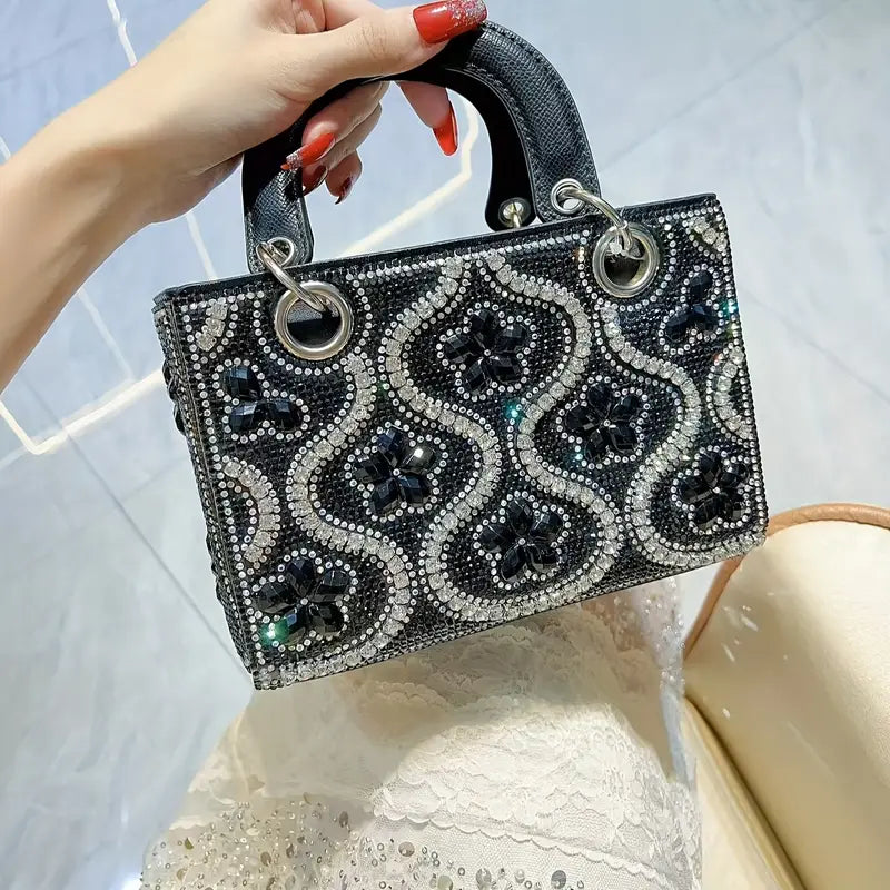 Women’s Light Luxury Small Shoulder Handbag – Genuine Leather, Rhinestone Accent, Large Capacity Dinner Bag