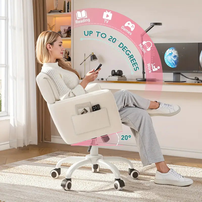 Light Beige Vanity Chair – Adjustable Height, Swivel Base, Upholstered Seat with Side Pockets