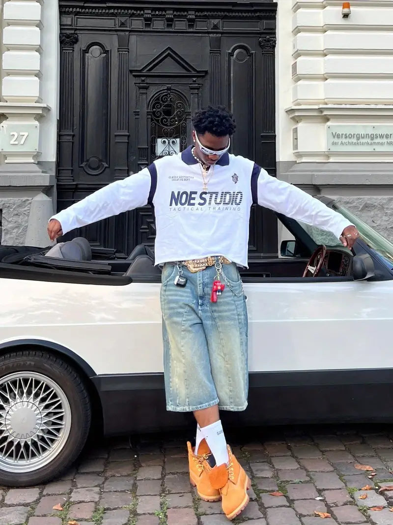 Men’s Washed Denim Shorts – Solid Color Knee-Length Loose Fit with Retro Style for Summer Streetwear