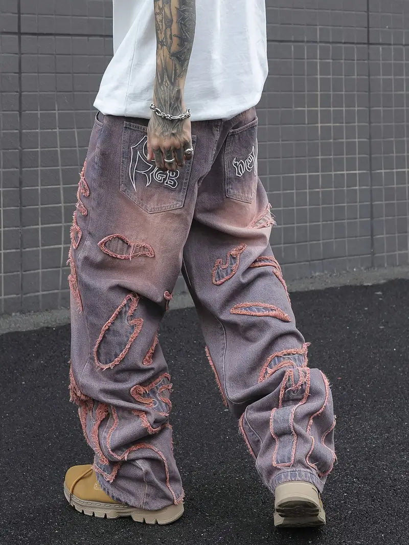 Men’s Vintage American Streetwear Loose-Fit Jeans – Frayed Hem, Gradient Wash, Wide-Leg