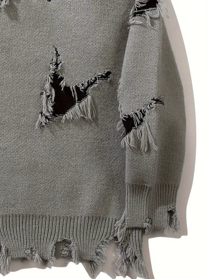 Men's Distressed Letter Sweater – Black Pullover, Scratched Knit, Streetwear for Autumn Winter Fashion