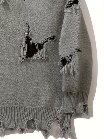 Men's Distressed Letter Sweater – Black Pullover, Scratched Knit, Streetwear for Autumn Winter Fashion