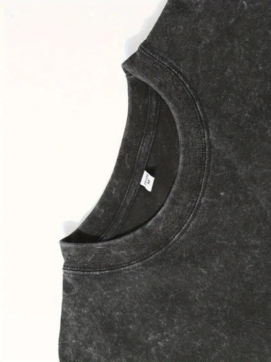 Men's Vintage Washed Cotton T-Shirt Drop Shoulder Loose Fit Round Neck Short Sleeve Retro Streetwear