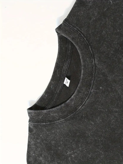 Men's Vintage Washed Cotton T-Shirt Drop Shoulder Loose Fit Round Neck Short Sleeve Retro Streetwear