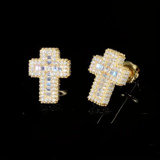 VVS1 Moissanite Baguette Cross Earrings – S925 Sterling Silver, Unisex Luxury Hip-Hop Style with Sparkling Detail