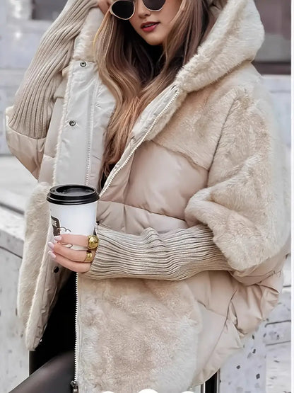 Women's Winter Hooded Jacket with Full-Zip Closure Loose Fit Padded Outerwear in Neutral Colors