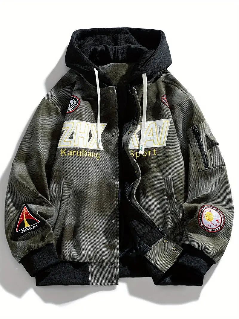 Men's Plus Size Tie-Dye Hooded Jacket Zip-Up Loose Fit with Letter Print and Multiple Pockets