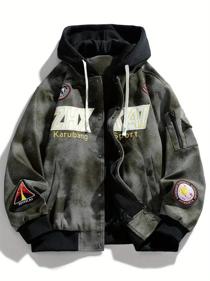 Men's Plus Size Tie-Dye Hooded Jacket Zip-Up Loose Fit with Letter Print and Multiple Pockets