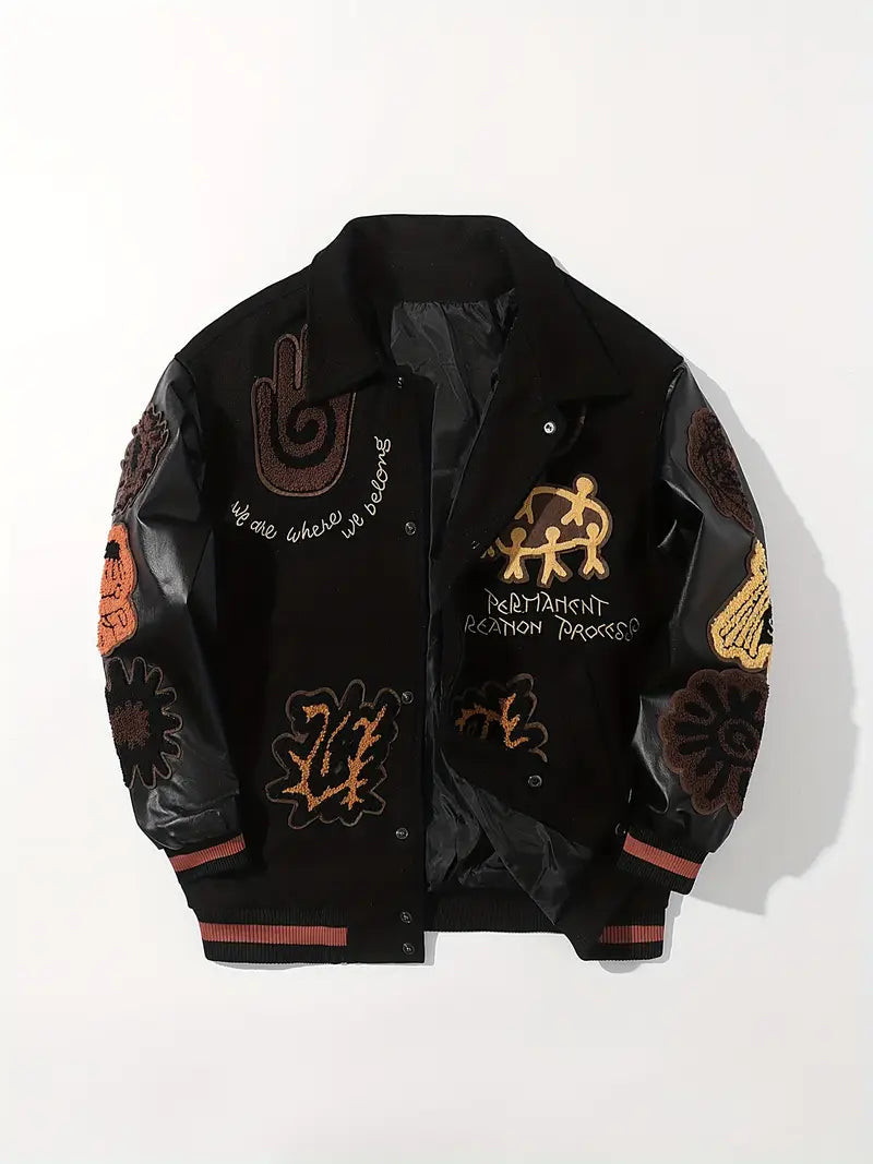 Men's Embroidered Striped Jacket Button-Up Lapel Casual Long Sleeve Outerwear for Fall Winter Black