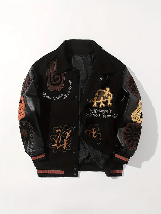 Men's Embroidered Striped Jacket Button-Up Lapel Casual Long Sleeve Outerwear for Fall Winter Black