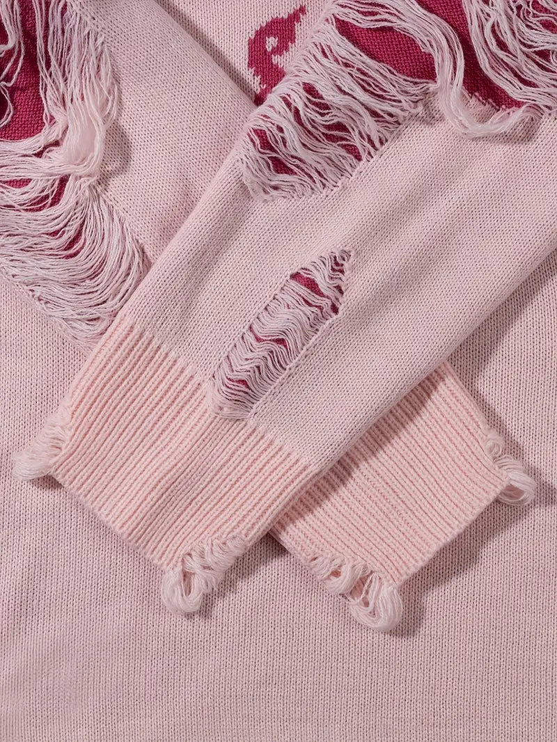 Oversized Gothic Fringe Sweater – Unisex Pink Pullover, Rose & Letter Print, Casual Fall/Winter Knitwear