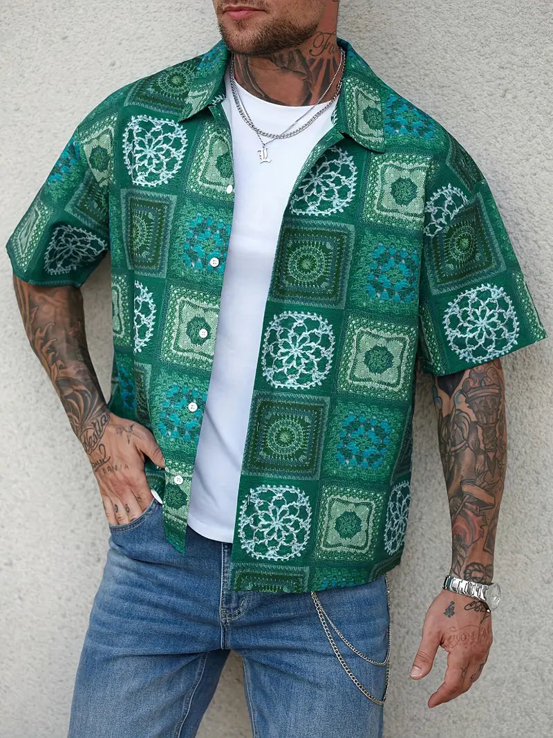 Men's Vintage Floral Print Short Sleeve Shirt Green White Geometric Pattern Button-Up Non-Stretch Fabric