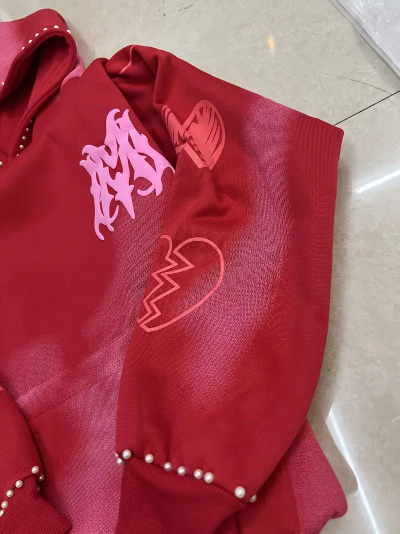 Unisex Oversized Y2K Streetwear Hoodie Flame Letter Print Gradient Red Pullover for Men & Women