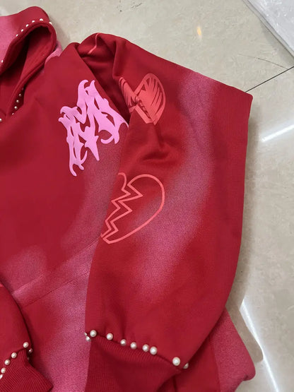 Unisex Oversized Y2K Streetwear Hoodie Flame Letter Print Gradient Red Pullover for Men & Women