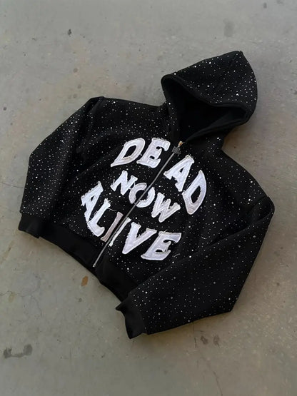 Women's Gothic Full-Zip Hoodie with Bold Letter Print Heavyweight Punk Rock Streetwear for Teens