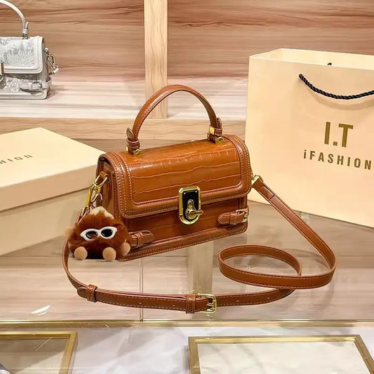 Women's Genuine Leather Handbag with Magnetic Closure Elegant Floral Pattern Chain Strap Compact Purse