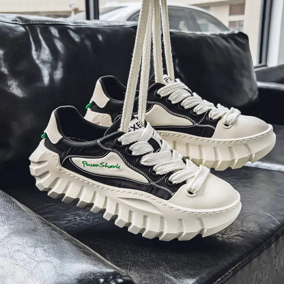 Men’s Stylish White & Black Platform Sneakers – Chunky Sole, Breathable Fabric Upper, Lace-Up Low-Top Design