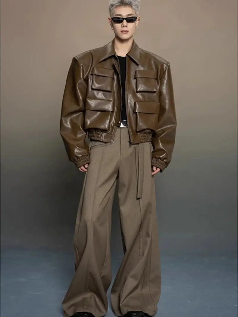 Men's Full-Zip Jacket with Multi-Pocket Design Black Loose Fit Casual Outerwear for Spring Autumn Mature Style