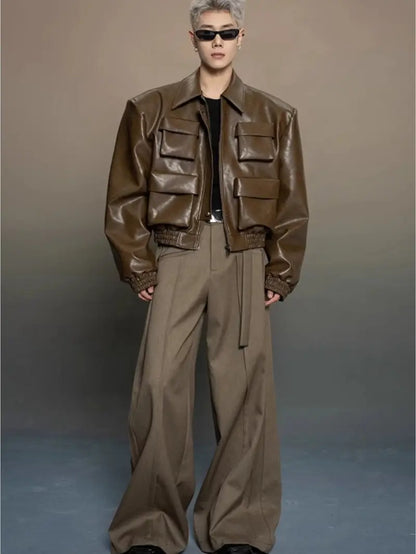 Men's Full-Zip Jacket with Multi-Pocket Design Black Loose Fit Casual Outerwear for Spring Autumn Mature Style