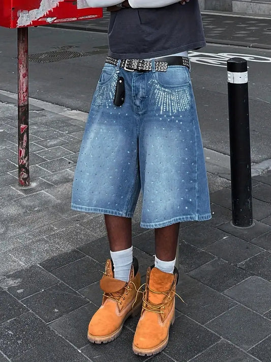 Men’s Knee-Length Denim Shorts – Loose Fit Cropped Jeans with Shiny Details, Belt Loops & Pockets