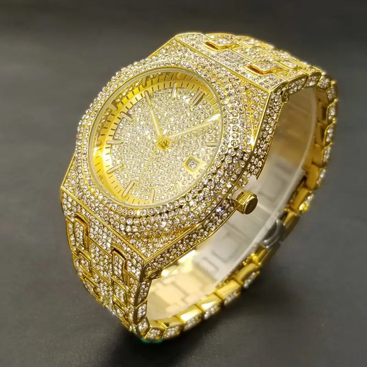 MISS FOX Glam Quartz Watch – Unisex Hip-Hop Cuban Link Design, Luminous Blue Dial, Rhinestone Bezel & Alloy Band