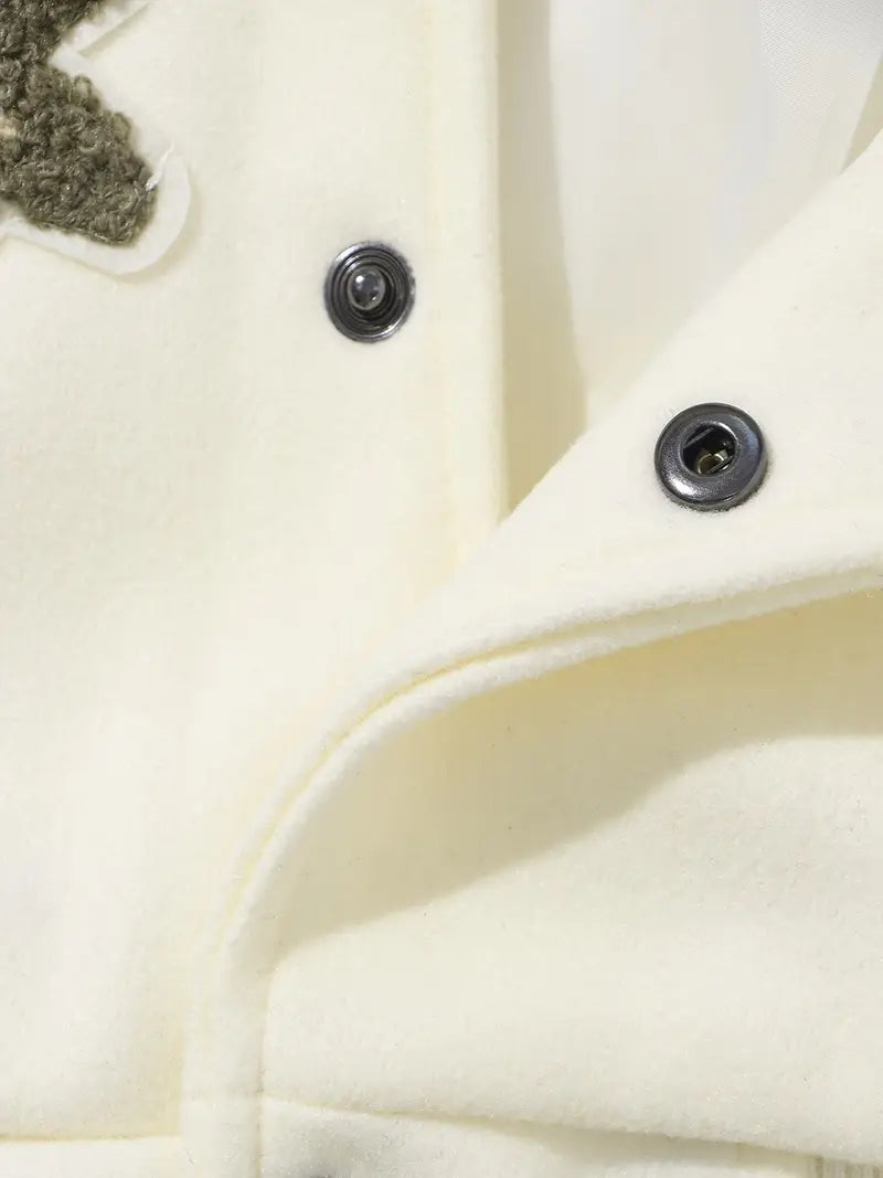 Men's Embroidered Striped Jacket Button-Up Lapel Casual Long Sleeve Outerwear for Fall Winter Black