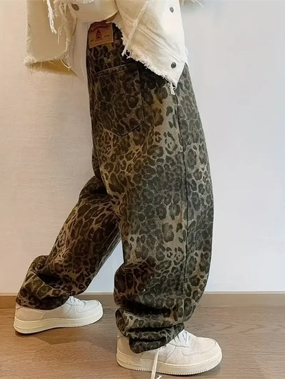 Men’s Leopard Print Jeans – American Retro Wide-Leg Denim Pants with Straight Fit for Streetwear