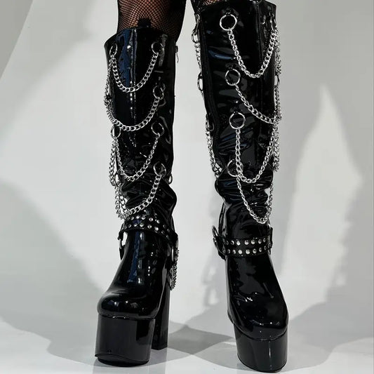 Gothic Chunky Platform Knee-High Boots – Black Patent with Chains, Rivets & Buckle Accents for Women