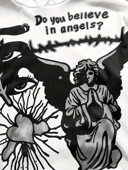 Men's 3D Angel Heart Hoodie Set Polyester Casual Streetwear Two-Piece Outfit with Graphic Sweatshirt & Pants White/Black