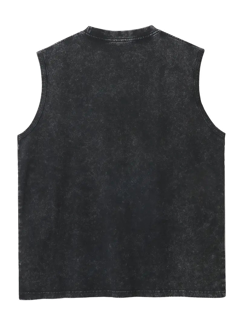 Men’s Vintage Washed Cotton Tank Top – 230GSM Sleeveless Shirt with Red Silhouette Print, Relaxed Fit