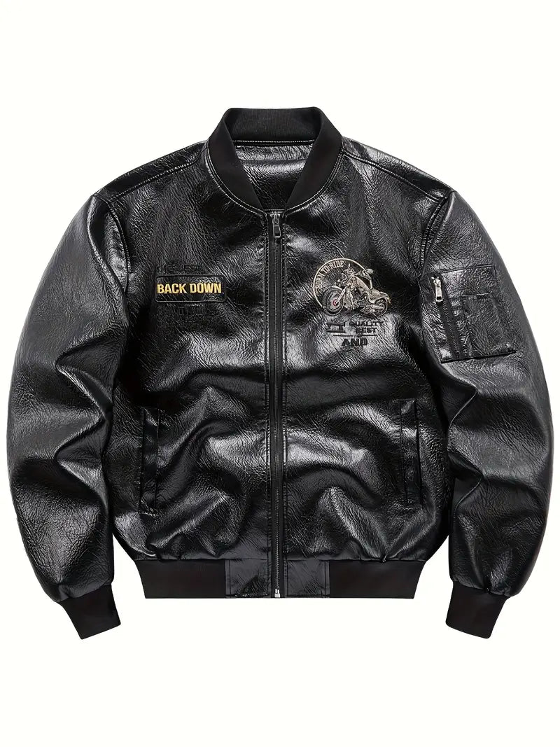 Men's Vintage Bomber Jacket PU Leather Zip-Up Baseball Collar with Patches Brown Glossy Outerwear Brown