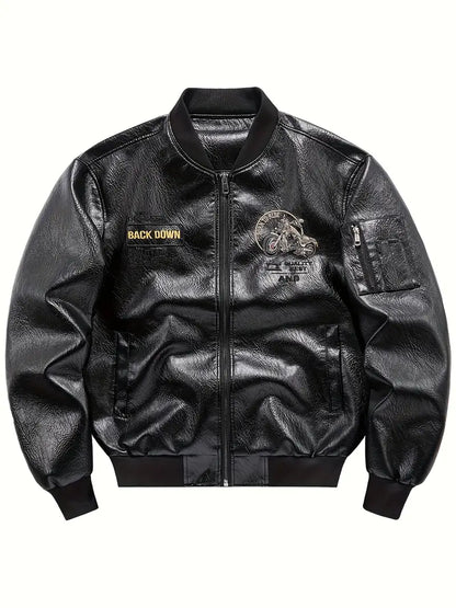 Men's Vintage Bomber Jacket PU Leather Zip-Up Baseball Collar with Patches Brown Glossy Outerwear Brown