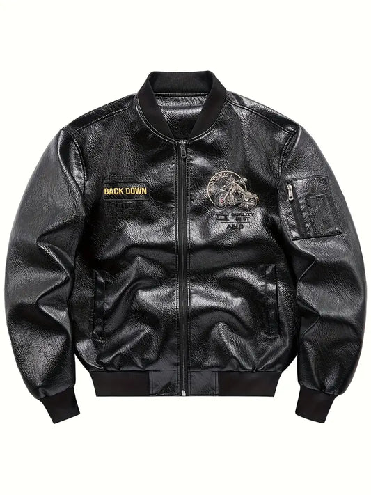 Men's Vintage Bomber Jacket PU Leather Zip-Up Baseball Collar with Patches Brown Glossy Outerwear