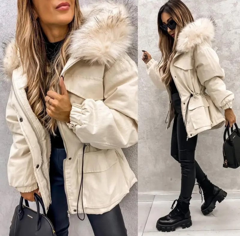 Women's Thick Fleece-Like Winter Jacket with Fur Collar Hood European Style Cold Weather Outerwear